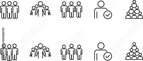 Team and user group line icon set featuring people hierarchy approval leadership and organizational structure symbols for business applications