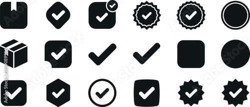Checkmark approval and verification glyph icon set with badges boxes circles for quality assurance interface design