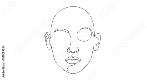 Abstract Single Line Drawing of a Face with One Eye Closed, Minimalist Portrait