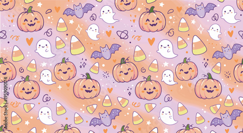 Cute halloween seamless pattern with pumpkin ghost bat and candy corn pastel background.eps