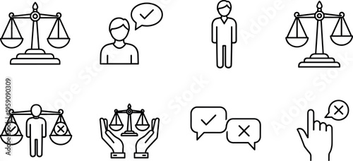 Justice and decision making line icons set with balance scales agreement choice and legal symbols outline vector for web applications