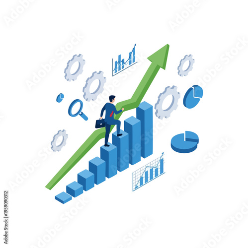 Wallpaper Mural Businessman climbing bar chart with upward arrow symbolizing business growth and success. Torontodigital.ca