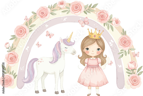 Cute cartoon illustration of a little princess with a butterfly and a fairy with a magic wand wearing a pink dress, featuring art with flowers, a baby angel, and fashion elements for kid happiness