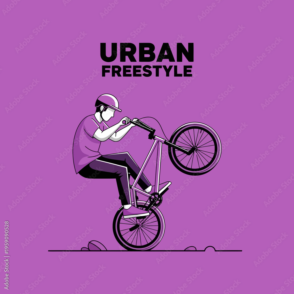 Naklejka premium Dynamic Urban Freestyle Bicycle Stunt Illustration Depicting Rider Skill and Street Culture