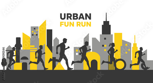 Dynamic Urban Fun Run Silhouette Against Abstract Cityscape Yellow and Gray Graphic