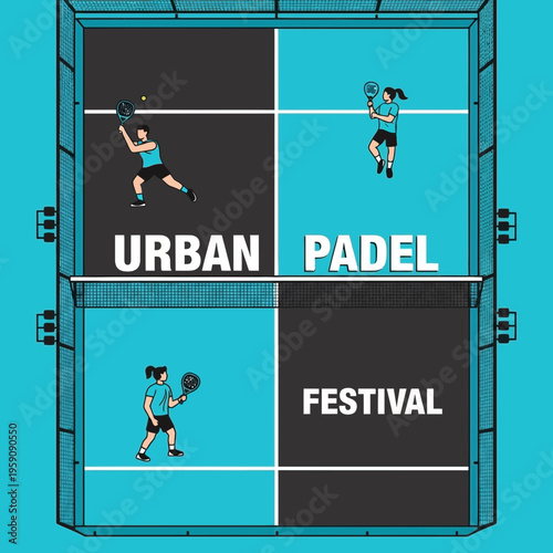Dynamic Urban Padel Festival Illustration: Energetic Sports Design with Players on Court