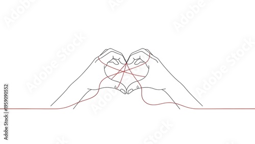 A minimalist line drawing of two hands forming a heart shape with red string