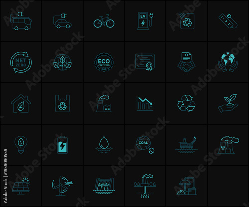 Neon sustainability, net zero, and green energy line icon set on dark background. Includes eco-friendly, recycling, and renewable power symbols. Vector illustration.