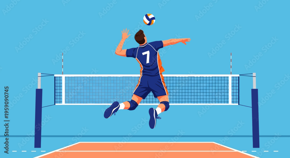 Obraz premium Dynamic Volleyball Spike Action Illustration Athlete Jumping High for Powerful Serve
