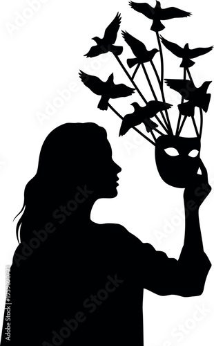 Surreal silhouette of woman holding mask with flying birds symbolizing freedom and imagination