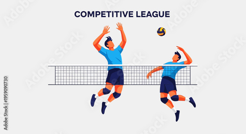 Dynamic Volleyball Match Action Competitive League Players In Mid-Air