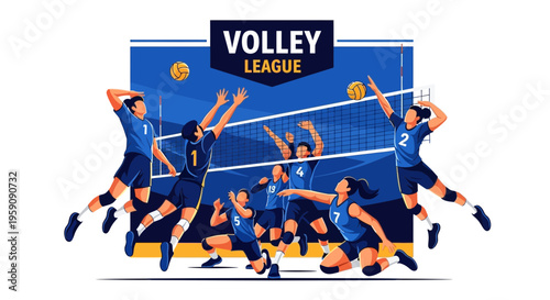 Dynamic Volleyball League Competition Action Players In Mid-Air