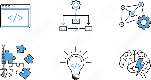 Programming and development icons set with coding workflow system network and innovation symbols for software engineering and technology design