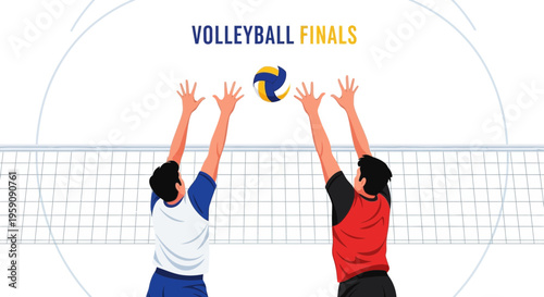 Dynamic Volleyball Match Action Illustration Featuring Players Competing