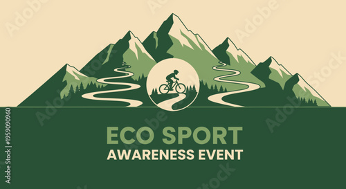 Eco Sport Awareness Event Emblem Illustrating Mountain Biking In Natural Landscapes