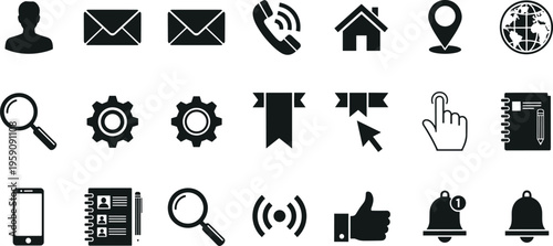 User interface glyph icon set featuring profile email phone home search settings notification and mobile symbols for web and app design