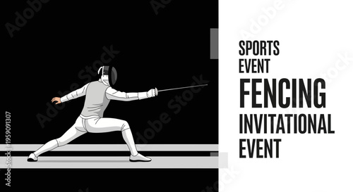 Elegant Fencer in Action, Depicting the Sport of Fencing With Black and White Aesthetics