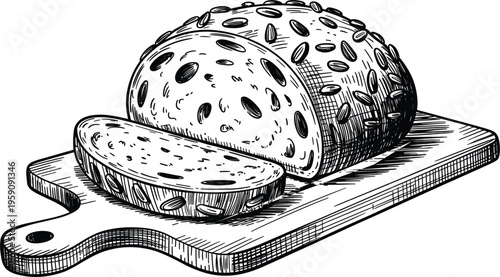 Hand drawn sliced bread loaf on cutting board, vintage engraving style food illustration design