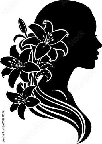 Elegant female silhouette with floral hair design featuring lilies in black and white vector illustration