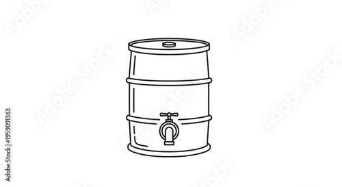 Vintage Metal Barrel with Spigot, Industrial Container Icon, Line Art Illustration