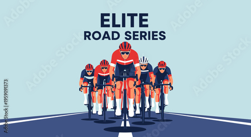 Elite Road Series: Cyclists Racing on a Road, Representing Speed and Teamwork on Blue Backdrop