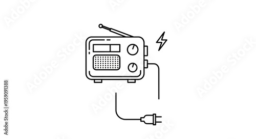 Vintage Radio Plugged In, Powering Up with Lightning Bolt Icon