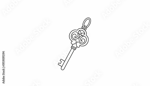 Vintage ornate key illustration, antique skeleton key with decorative handle, isolated on white background