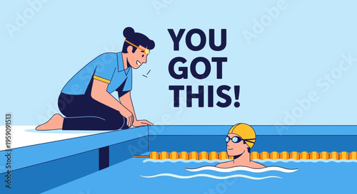 Encouraging Coach Motivates Swimmer In Blue Pool With Motivational Text