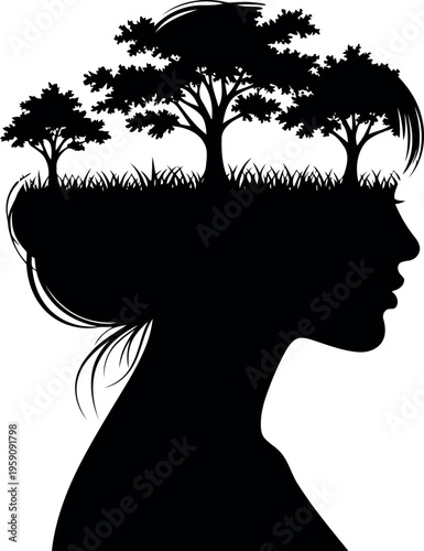Surreal Woman Silhouette with Trees and Nature Landscape Double Exposure Vector Illustration