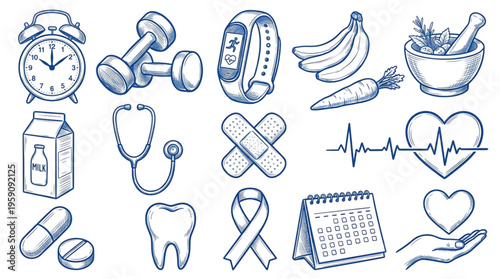 Health And Wellness Icons Set: Medical Care, Fitness, Nutrition, Healthy Lifestyle for Marketing