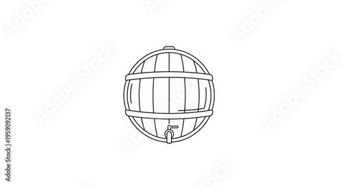 Vintage Wooden Barrel with Tap Icon, Outline Drawing