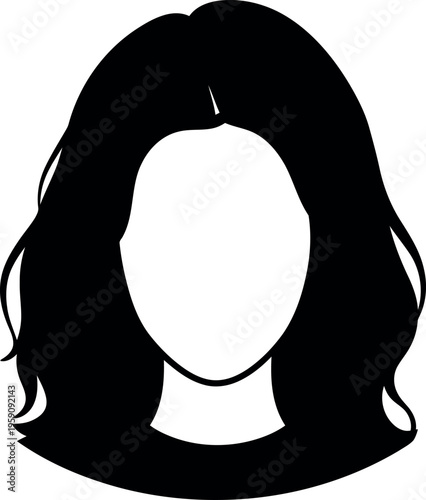 Female avatar silhouette with medium length wavy hair, faceless vector portrait illustration