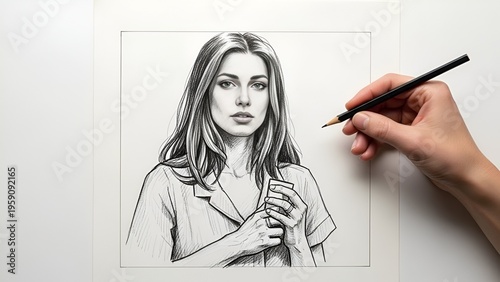 An artist's hand holding a pencil, sketching a beautiful woman with long hair on a piece of paper.
