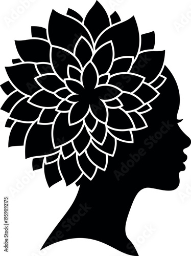 Elegant female silhouette with floral hair design in black and white vector illustration