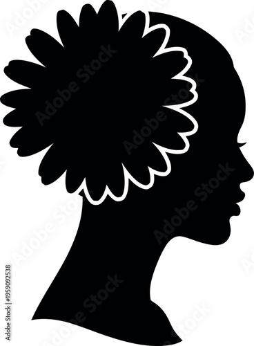 Elegant female silhouette profile with floral hair accessory in black and white vector illustration