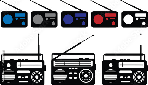 A collection of various retro radio silhouettes featuring different designs and color accents