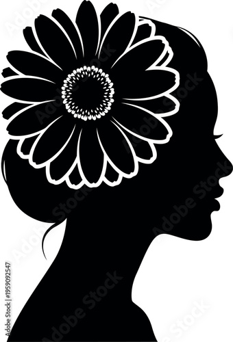 Elegant female silhouette profile with large floral hair accessory in black and white vector illustration