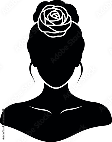 Elegant Woman Silhouette with Rose Hair Bun Vector Isolated on White Background