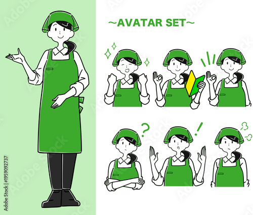 女性店員の表情・ポーズバリエーションセット エプロン姿