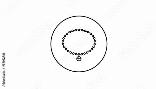 Simple Rosary Beads Icon with Cross Pendant in Circle, Religious Symbol