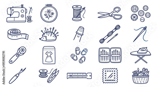 Hand Drawn Sewing and Crafting Tools Icons Set Creative DIY Hobby Supplies for Handmade Projects and Textile Art