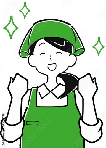 ガッツポーズで喜ぶ女性店員