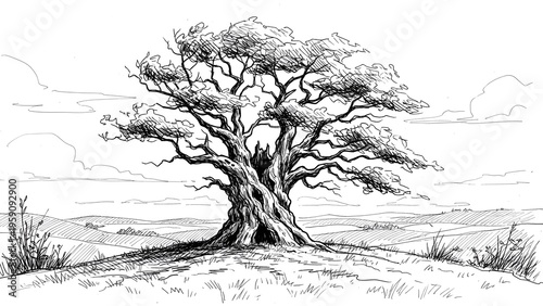 A large tree stands alone in a serene landscape with a cloudy sky