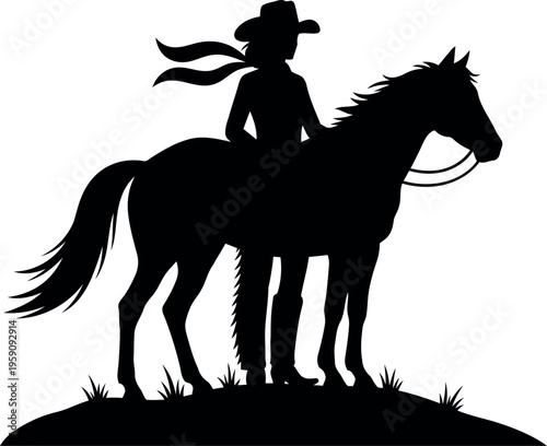 Silhouette of Cowboy Standing Beside Horse on Hill Vector Illustration for Western and Ranch Themes