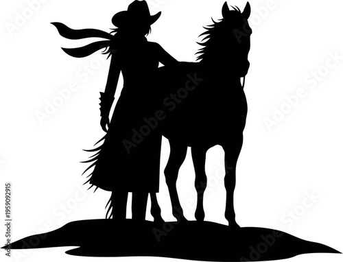 Silhouette of Cowgirl Standing Beside Horse on Hill Western Rodeo Vector Illustration