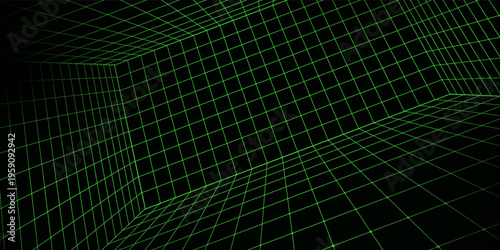 Neon green wireframe grid room. 3d perspective angle background. Futuristic digital outline space. Geometric dimension design. Vector template illustration