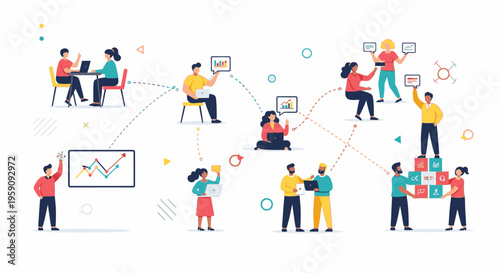 Flat illustration of diverse people collaborating and interacting in various work settings with colorful lines and symbols on a white background.
