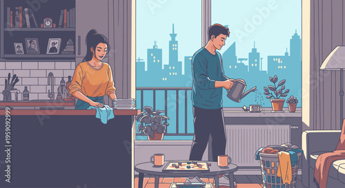 Illustration of a couple cleaning and watering plants in their cozy living room with a city skyline view.