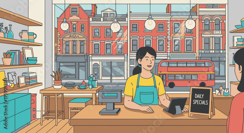 Illustration of a woman serving a customer at a cafe counter with a city street view in the background and a chalkboard sign.