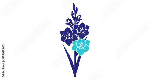 Blue and Teal Freesia Flowers Silhouette Isolated on White Background for Design